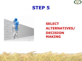 STEP 5
SELECT
ALTERNATIVES/
DECISION
MAKING
 