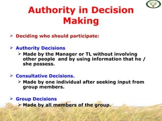  Deciding who should participate:
 Authority Decisions
 Made by the Manager or TL without involving
other people and by using information that he /
she possess.
 Consultative Decisions.
 Made by one individual after seeking input from
group members.
 Group Decisions
 Made by all members of the group.
Authority in Decision
Making
 