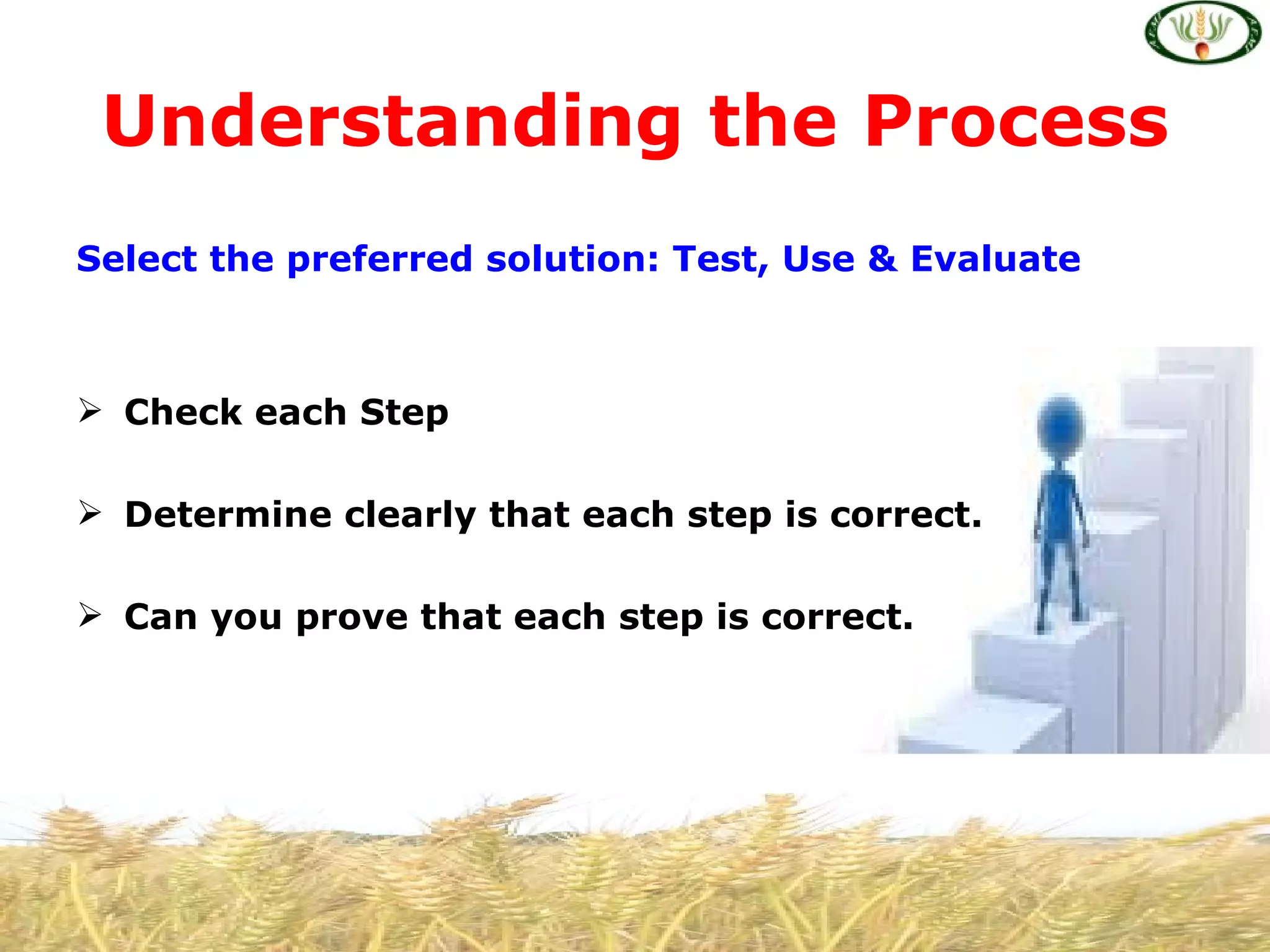 Understanding the Process
Select the preferred solution: Test, Use & Evaluate



 Check each Step

 Determine clearly that each step is correct.

 Can you prove that each step is correct.
 