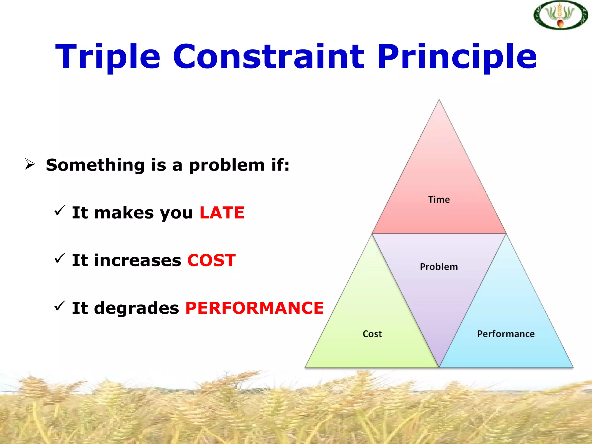 Triple Constraint Principle


 Something is a problem if:

    It makes you LATE

    It increases COST

    It degrades PERFORMANCE
 