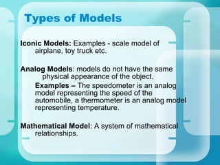 Types of Models Iconic Models:  Examples -   scale model of airplane, toy truck etc. Analog Models :   models do not have the same  physical appearance of the object.  Examples –  The speedometer is an analog model representing the speed of the automobile, a thermometer is an analog model representing temperature. Mathematical Model :   A system of mathematical relationships.   