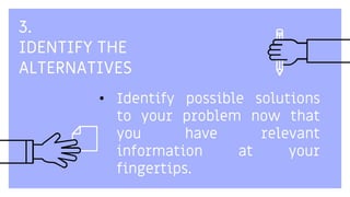 3.
IDENTIFY THE
ALTERNATIVES
• Identify possible solutions
to your problem now that
you have relevant
information at your
fingertips.
 