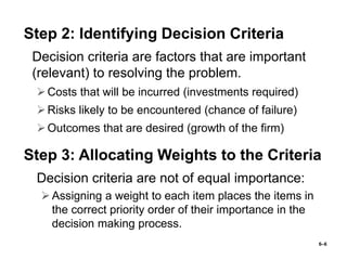 6–6
Step 2: Identifying Decision Criteria
• Decision criteria are factors that are important
(relevant) to resolving the p...