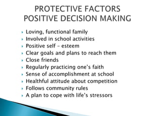 PROTECTIVE FACTORSPOSITIVE DECISION MAKINGLoving, functional familyInvolved in school activitiesPositive self – esteemClear goals and plans to reach themClose friendsRegularly practicing one’s faithSense of accomplishment at schoolHealthful attitude about competitionFollows community rulesA plan to cope with life’s stressors