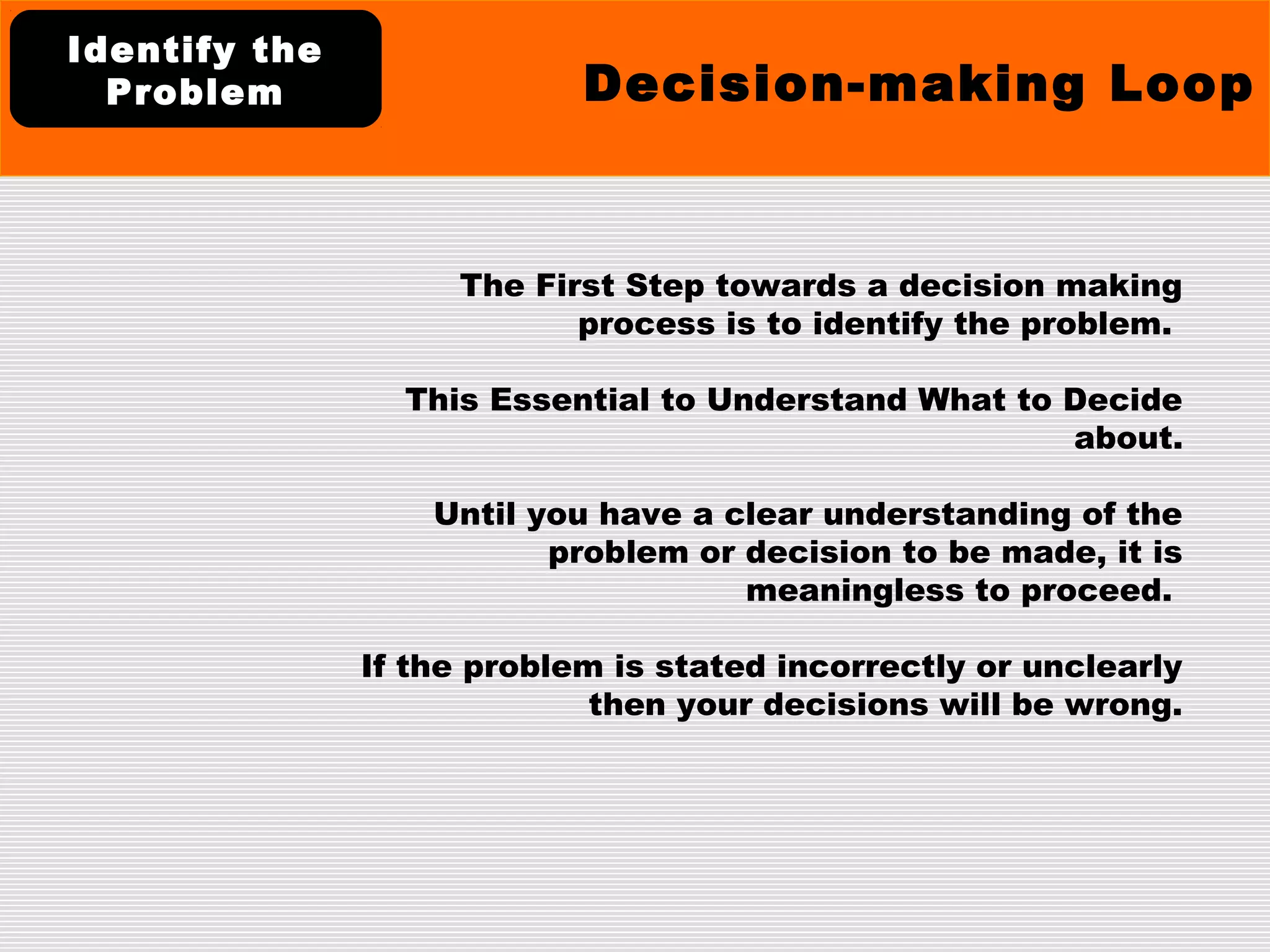 The First Step towards a decision making
process is to identify the problem.
This Essential to Understand What to Decide
about.
Until you have a clear understanding of the
problem or decision to be made, it is
meaningless to proceed.
If the problem is stated incorrectly or unclearly
then your decisions will be wrong.
Decision-making Loop
Identify the
Problem
 