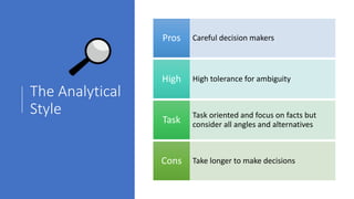 The Analytical
Style
Careful decision makersPros
High tolerance for ambiguityHigh
Task oriented and focus on facts but
consider all angles and alternativesTask
Take longer to make decisionsCons
 