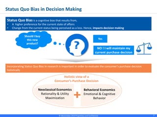 © Absolutdata 2014 Proprietary and Confidential 7
Status Quo Bias is a cognitive bias that results from,
• A higher preference for the current state of affairs
• Change from the current status being perceived as a loss. Hence, impacts decision making
Should I buy
this new
product?
NO ! I will maintain my
current purchase decision
Yes
Status Quo Bias in Decision Making
Holistic view of a
Consumer’s Purchase Decision
Behavioral Economics
Emotional & Cognitive
Behavior
Neoclassical Economics
Rationality & Utility
Maximization
Incorporating Status Quo Bias in research is important in order to evaluate the consumer’s purchase decision
holistically
 