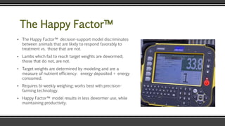 The Happy Factor™
▪ The Happy Factor™ decision-support model discriminates
between animals that are likely to respond favorably to
treatment vs. those that are not.
▪ Lambs which fail to reach target weights are dewormed;
those that do not, are not.
▪ Target weights are determined by modeling and are a
measure of nutrient efficiency: energy deposited ÷ energy
consumed.
▪ Requires bi-weekly weighing; works best with precision-
farming technology.
▪ Happy Factor™ model results in less dewormer use, while
maintaining productivity.
 