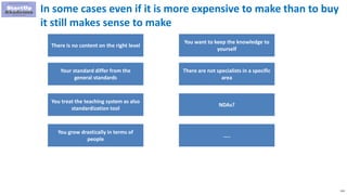 114
In some cases even if it is more expensive to make than to buy
it still makes sense to make
There is no content on the right level
Your standard differ from the
general standards
You treat the teaching system as also
standardization tool
You grow drastically in terms of
people
You want to keep the knowledge to
yourself
There are not specialists in a specific
area
NDAs?
…..
 