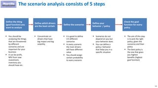 136
The scenario analysis consists of 5 steps
Define the thing
(goal function) you
want to analyze
Define which drivers
are the least certain
Define the scenarios
Define your
behavior / policy
Check the goal
function for every
policy
 You should be
analyzing the things
that are threatened
by different
scenarios and are
important for your
business
 It can be profit,
NPV from new
investment,
inventory you
should have etc.
 It is good to define
3-5 different
scenarios
 In every scenario
the main drivers
will have different
value
 You should assign
certain probability
to every scenario
 Scenarios do not
depend on you but
your behavior does.
 You can define a
policy / behavior
that helps you in a
specific situation
 Concentrate on
drivers that have
big impact and big
volatility
 The aim of this step
is to pick the right
policy, given the
scenarios and their
policy
 The best policy is
the one that gives
you highest
benefits (highest
goal function)
 