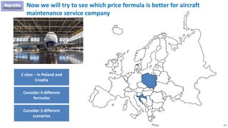 143
Now we will try to see which price formula is better for aircraft
maintenance service company
2 sites – in Poland and
Croatia
Consider 4 different
formulas
Consider 3 different
scenarios
 