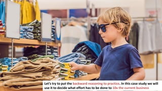 160
Let’s try to put the backward reasoning to practice. In this case study we will
use it to decide what effort has to be done to 10x the current business
 