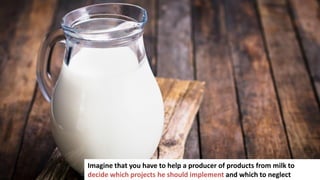 168
Imagine that you have to help a producer of products from milk to
decide which projects he should implement and which to neglect
 