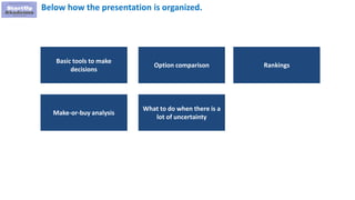 4
Option comparison Rankings
Basic tools to make
decisions
What to do when there is a
lot of uncertainty
Make-or-buy analysis
Below how the presentation is organized.
 