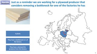 46
Just as a reminder we are working for a plywood producer that
considers removing a bottleneck for one of the factories he has
3 plants
They have a bottleneck in 1 of
the factory
They have a demand for
products from this factory
 