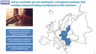 80
Just as a reminder you are working for a smartphone producer that
considers instead of selling smartphones to offer contracts
He currently sells around 600 K
smartphones and has a bas of
around 1 M customers
He has to acquire new customers to
cover for the lost ones and grow
He considers switching to offering
annual subsription model
 