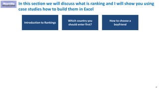 87
In this section we will discuss what is ranking and I will show you using
case studies how to build them in Excel
Introduction to Rankings
Which country you
should enter first?
How to choose a
boyfriend
 