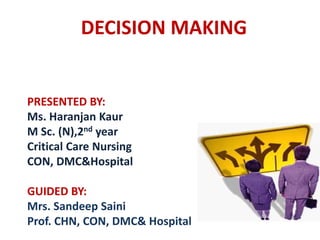 DECISION MAKING
PRESENTED BY:
Ms. Haranjan Kaur
M Sc. (N),2nd year
Critical Care Nursing
CON, DMC&Hospital
GUIDED BY:
Mrs. Sandeep Saini
Prof. CHN, CON, DMC& Hospital
 