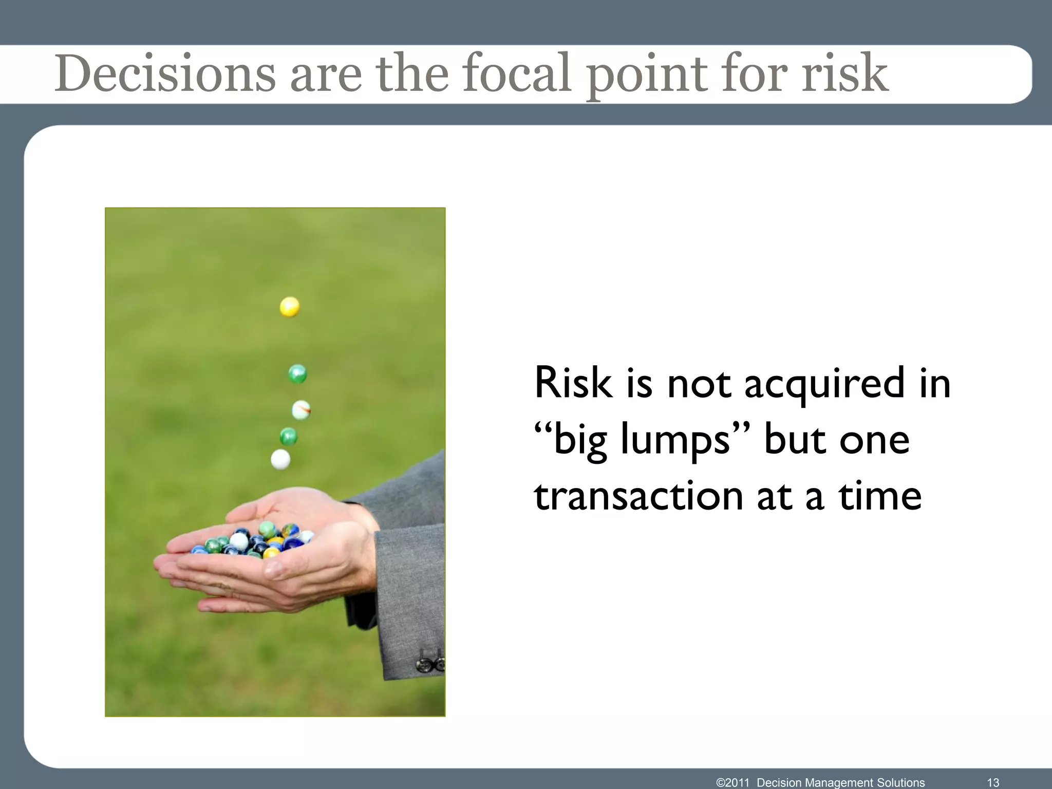 Decisions are the focal point for risk




                     Risk is not acquired in
                     “big lumps” but one
                     transaction at a time




                               ©2011 Decision Management Solutions   13
 