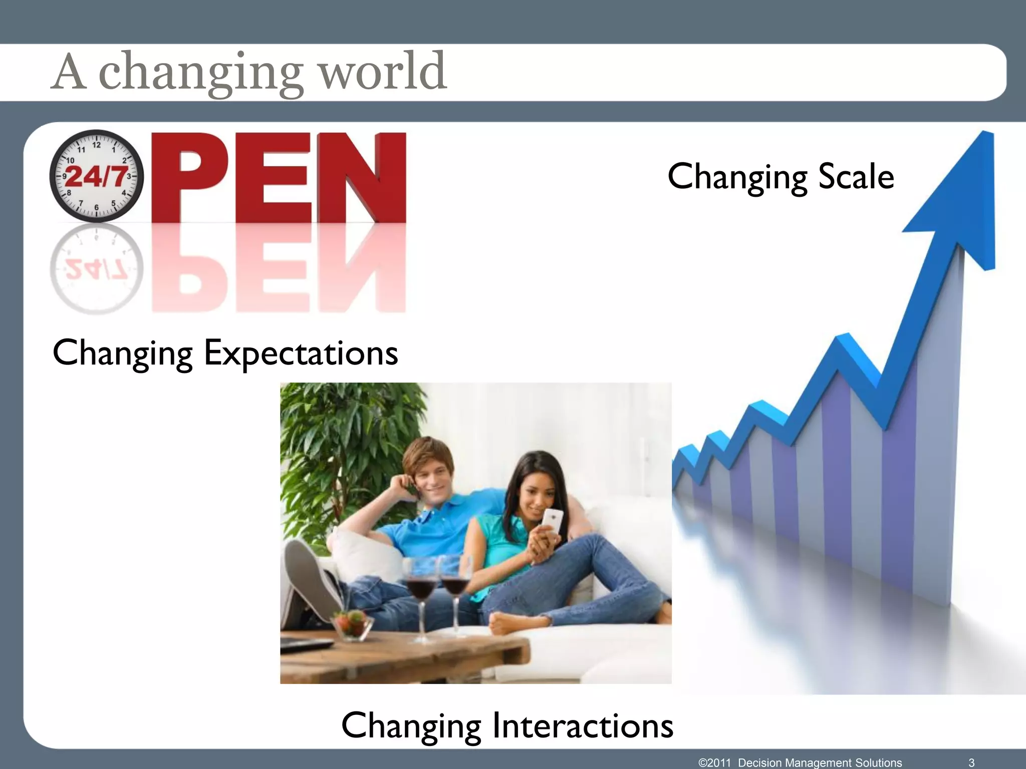 A changing world
                                     Changing Scale



Changing Expectations




                 Changing Interactions
                                         ©2011 Decision Management Solutions   3
 
