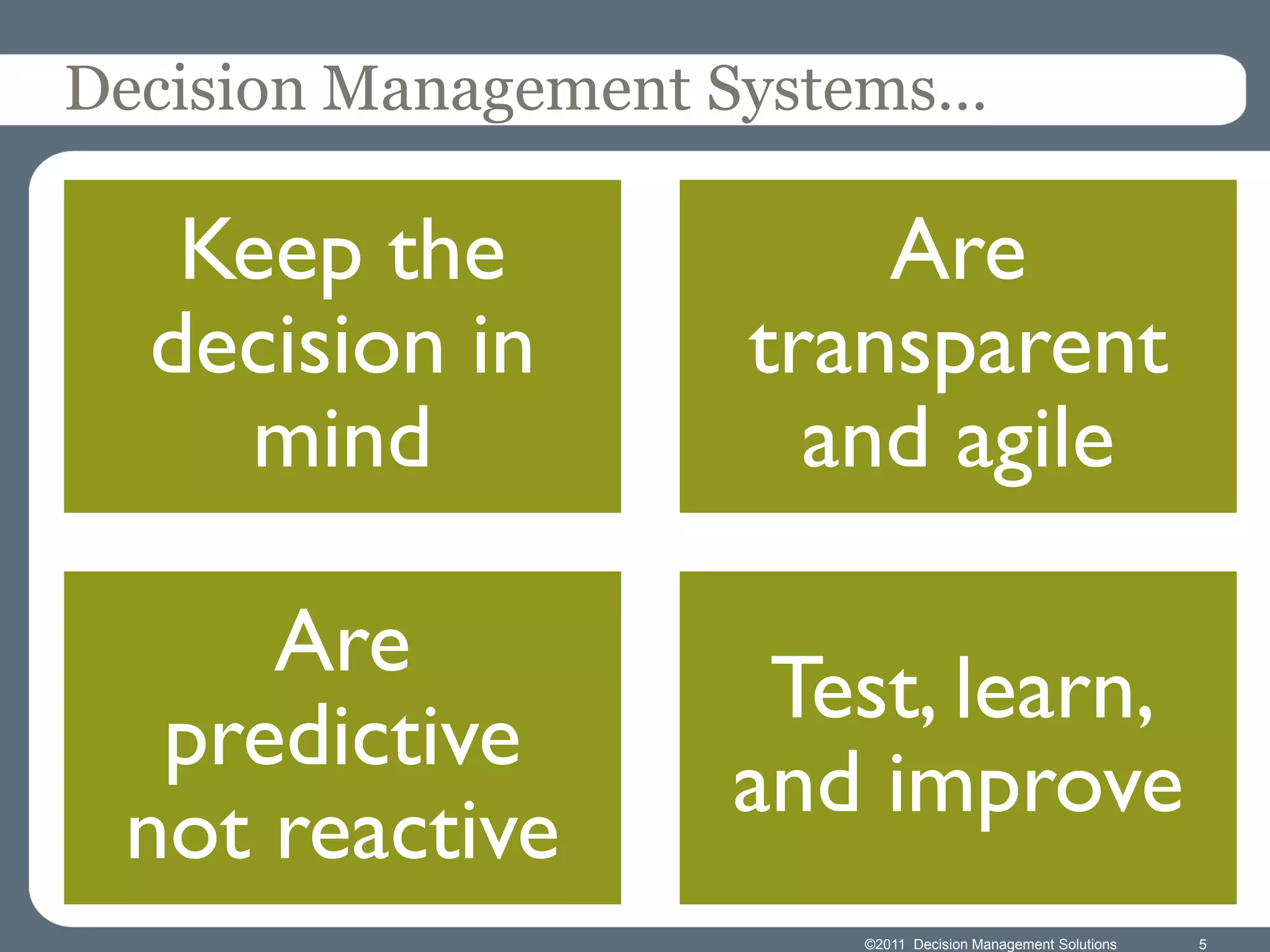 Decision Management Systems…

   Keep the             Are
  decision in       transparent
    mind              and agile

     Are
                     Test, learn,
  predictive
                    and improve
 not reactive
                        ©2011 Decision Management Solutions   5
 