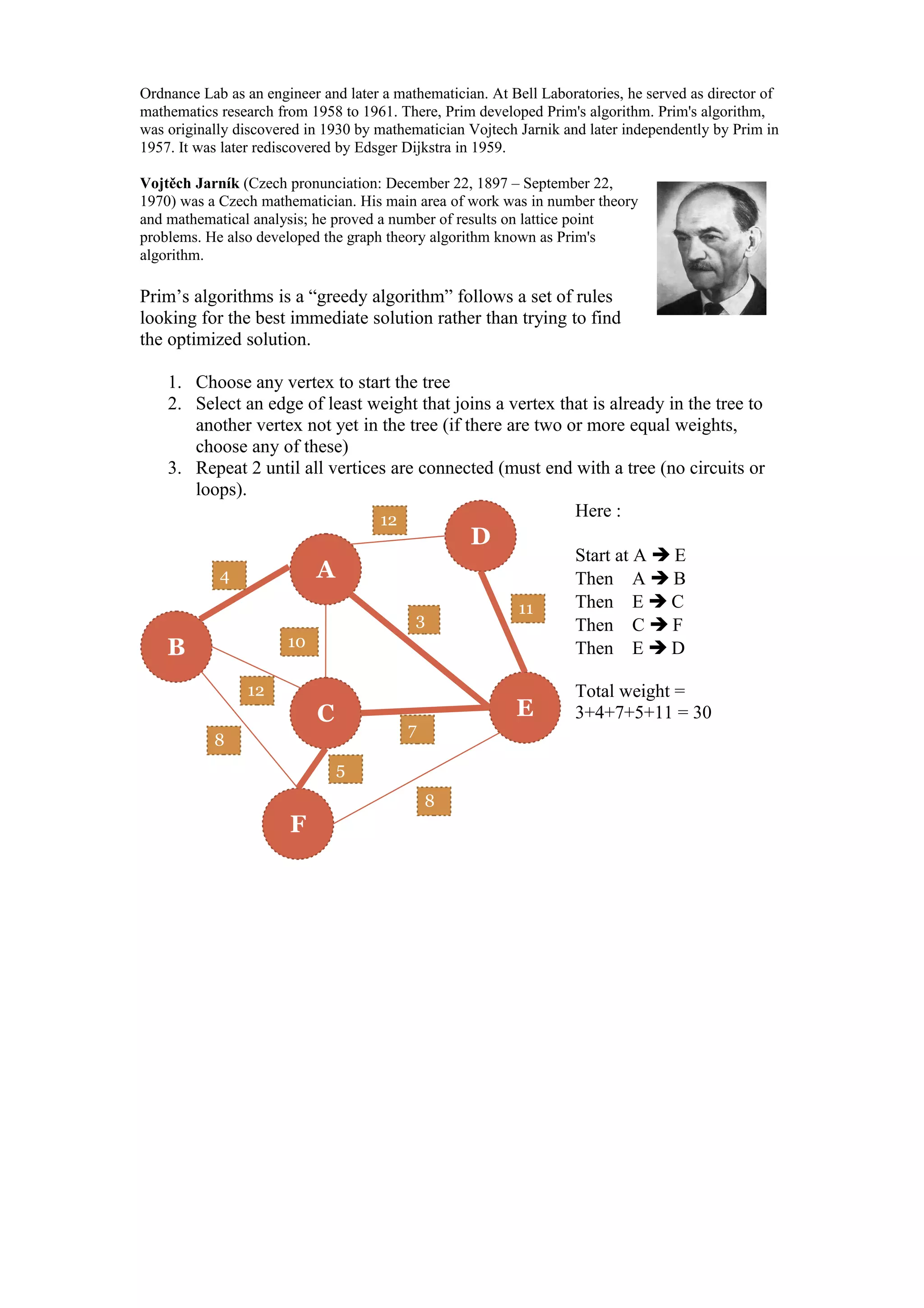 Ordnance Lab as an engineer and later a mathematician. At Bell Laboratories, he served as director of
mathematics research from 1958 to 1961. There, Prim developed Prim's algorithm. Prim's algorithm,
was originally discovered in 1930 by mathematician Vojtech Jarnik and later independently by Prim in
1957. It was later rediscovered by Edsger Dijkstra in 1959.
Vojtěch Jarník (Czech pronunciation: December 22, 1897 – September 22,
1970) was a Czech mathematician. His main area of work was in number theory
and mathematical analysis; he proved a number of results on lattice point
problems. He also developed the graph theory algorithm known as Prim's
algorithm.
Prim’s algorithms is a “greedy algorithm” follows a set of rules
looking for the best immediate solution rather than trying to find
the optimized solution.
1. Choose any vertex to start the tree
2. Select an edge of least weight that joins a vertex that is already in the tree to
another vertex not yet in the tree (if there are two or more equal weights,
choose any of these)
3. Repeat 2 until all vertices are connected (must end with a tree (no circuits or
loops).
Here :
Start at A  E
Then A  B
Then E  C
Then C  F
Then E  D
Total weight =
3+4+7+5+11 = 30
B
C
A
F
E
D
4
7
8
3
12
10
12
11
5
8
 