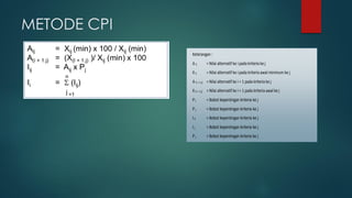 METODE CPI
Keterangan :
A ij = Nilai alternatif ke i pada kriteria ke j
X ij = Nilai alternatif ke i pada kriteria awal minimum ke j
A (i + 1.j) = Nilai alternatif ke i + 1 pada kriteria ke j
X (i + 1.j) = Nilai alternatif ke i + 1 pada kriteria awal ke j
P j = Bobot kepentingan kriteria ke j
P j = Bobot kepentingan kriteria ke j
I ij = Bobot kepentingan kriteria ke j
I j = Bobot kepentingan kriteria ke j
P j = Bobot kepentingan kriteria ke j
 