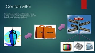 Contoh MPE
Perusahaan ingin memilih media yang
paling cocok untuk mengiklankan produk
terbaru dari 3 media tersedia.
 