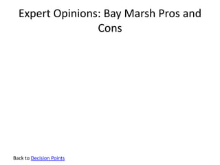Expert Opinions: Bay Marsh Pros and
Cons
Back to Decision Points