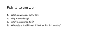 Points to answer
1. What are we doing in the tab?
2. Why are we doing it?
3. What is needed to do it?
4. Where/how it will impact in further decision making?
 