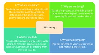 1. What are we doing?
Applying our marketing strategy to sell
the product/s in all 3 markets by
determining the price, features,
promotion and marketing focus.
2. Why are we doing?
To sell the product at the right price in
order to achieve higher revenue while
capturing forecasted market share
3. What is needed?
Creating the marketing mix in line with
demand forecast, production, value
addition. Comparison of offering from
previous rounds.
4. Where will it impact?
This will determine your sales revenue
and market penetration.
Marketing
 