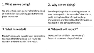 1. What are we doing?
We are setting each market’s transfer pricing
at the time of transporting goods from one
place to another.
2. Why are we doing?
Transfer pricing is for accounting purpose to
save tax on profits. Some market’s tax rate on
profit are high and transfer pricing help
showing less profit by setting transfer price as
fixed cost in the particular market.
3. What is needed?
Market’s corporate tax rate from parameters,
last round transfer pricing, last round tax
levied in different market from result.
4. Where it will impact?
Impact will be visible in the company’s
financial statement - profit & loss
 