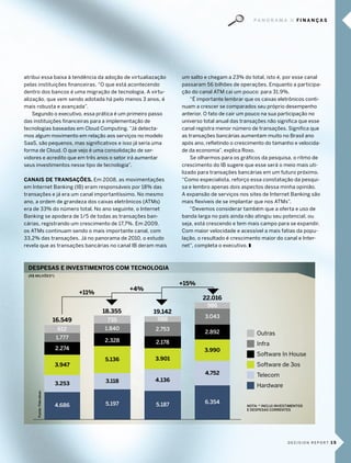 pa n o r a m a       FInanÇaS




atribui essa baixa à tendência da adoção de virtualiazação     um salto e chegam a 23% do total, isto é, por esse canal
pelas instituições financeiras. “o que está acontecendo        passaram 56 bilhões de operações. enquanto a participa-
dentro dos bancos é uma migração de tecnologia. a virtu-       ção do canal atm cai um pouco: para 31,9%.
alização, que vem sendo adotada há pelo menos 3 anos, é            “É importante lembrar que os caixas eletrônicos conti-
mais robusta e avançada”.                                      nuam a crescer se comparados seu próprio desempenho
    segundo o executivo, essa prática é um primeiro passo      anterior. o fato de cair um pouco na sua participação no
das instituições financeiras para a implementação de           universo total anual das transações não significa que esse
tecnologias baseadas em cloud computing. “Já detecta-          canal registra menor número de transações. significa que
mos algum movimento em relação aos serviços no modelo          as transações bancárias aumentam muito no brasil ano
saas, são pequenos, mas significativos e isso já seria uma     após ano, refletindo o crescimento do tamanho e velocida-
forma de cloud. o que vejo é uma consolidação de ser-          de da economia”, explica roxo.
vidores e acredito que em três anos o setor irá aumentar           se olharmos para os gráficos da pesquisa, o ritmo de
seus investimentos nesse tipo de tecnologia”.                  crescimento do ib sugere que esse será o meio mais uti-
                                                               lizado para transações bancárias em um futuro próximo.
canaIs de TransaçÕes. em 2008, as movimentações                “como especialista, reforço essa constatação da pesqui-
em internet banking (ib) eram responsáveis por 18% das         sa e lembro apenas dois aspectos dessa minha opinião.
transações e já era um canal importantíssimo. no mesmo         a expansão de serviços nos sites de internet banking são
ano, a ordem de grandeza dos caixas eletrônicos (atms)         mais flexíveis de se implantar que nos atms”.
era de 33% do número total. no ano seguinte, o internet            “devemos considerar também que a oferta e uso de
banking se apodera de 1/5 de todas as transações ban-          banda larga no país ainda não atingiu seu potencial, ou
cárias, registrando um crescimento de 17,7%. em 2009,          seja, está crescendo e tem mais campo para se expandir.
os atms continuam sendo o mais importante canal, com           com maior velocidade e acessível a mais fatias da popu-
33,2% das transações. Já no panorama de 2010, o estudo         lação, o resultado é crescimento maior do canal e inter-
revela que as transações bancárias no canal ib deram mais      net”, completa o executivo. z



 desPesas e InVesTImenTos com TecnologIa
 (R$ MILHõES*)

                                                               +15%
                                                +4%
                                +11%
                                                                       22.016
                                                                         986
                                       18.355         19.142
                                                       988              3.043
                       16.549           735
                        612            1.840          2.753
                                                                        2.892                 outras
                        1.777
                                       2.328          2.178                                   infra
                       2.274                                            3.990
                                                                                              software in House
                                       5.136          3.901
                       3.947                                                                  software de 3os
                                                                        4.752                 telecom
                                       3.118          4.136
                       3.253                                                                  Hardware
     Fonte: Febraban




                                       5.197          5.187             6.354
                       4.686                                                              NOTA: * INCLuI INVESTIMENTOS
                                                                                          E DESPESAS CORRENTES




                                                                                                              decision report 1 5
 