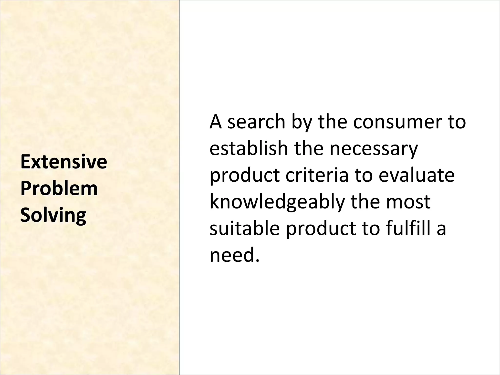Extensive
Problem
Solving
A search by the consumer to
establish the necessary
product criteria to evaluate
knowledgeably the most
suitable product to fulfill a
need.
 