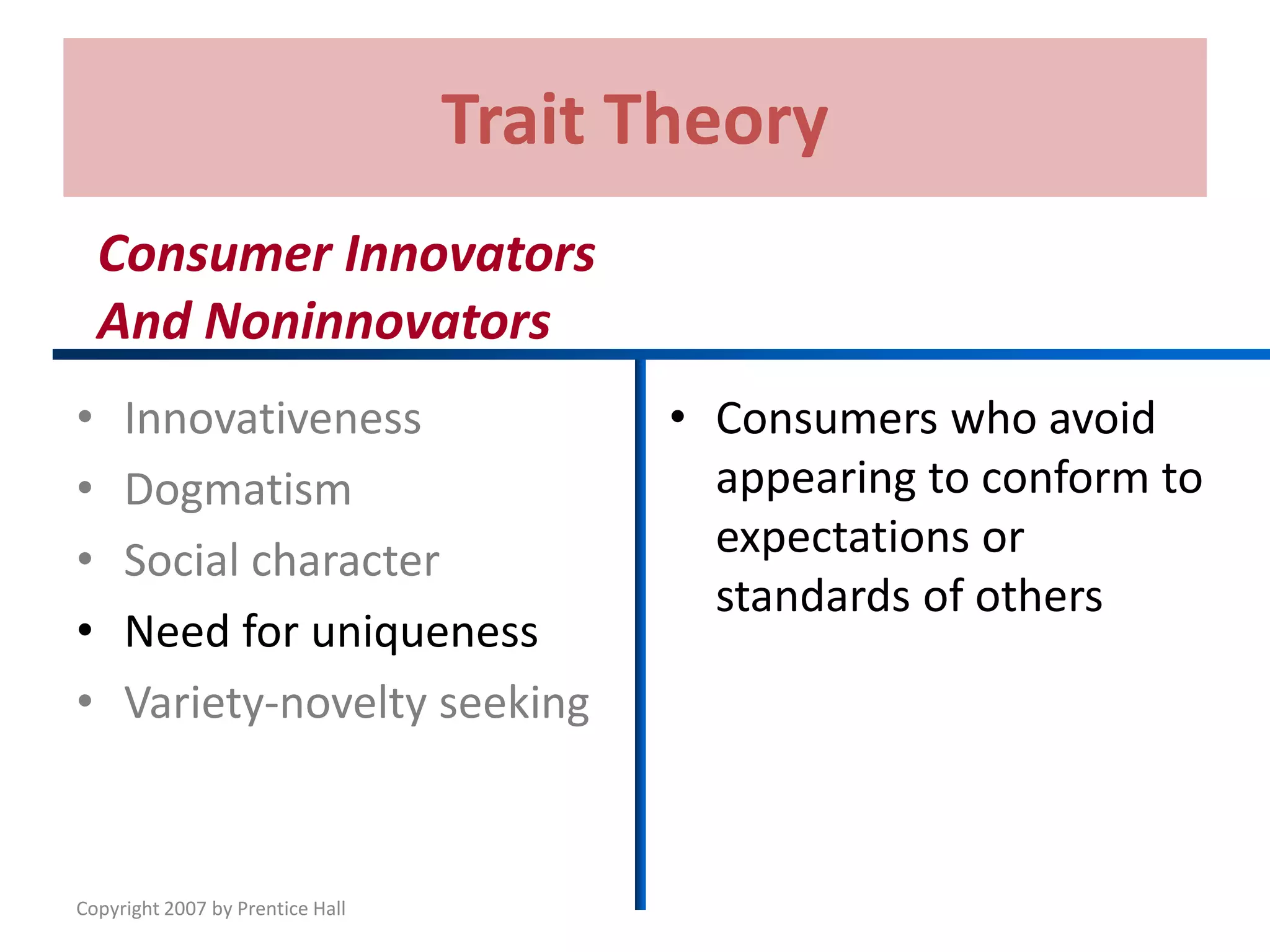 Copyright 2007 by Prentice Hall
Trait Theory
• Innovativeness
• Dogmatism
• Social character
• Need for uniqueness
• Variety-novelty seeking
• Consumers who avoid
appearing to conform to
expectations or
standards of others
Consumer Innovators
And Noninnovators
 