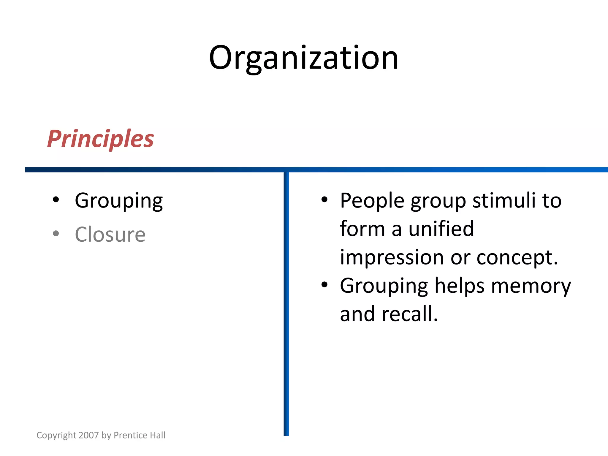 Copyright 2007 by Prentice Hall
Organization
• Grouping
• Closure
• People group stimuli to
form a unified
impression or concept.
• Grouping helps memory
and recall.
Principles
 