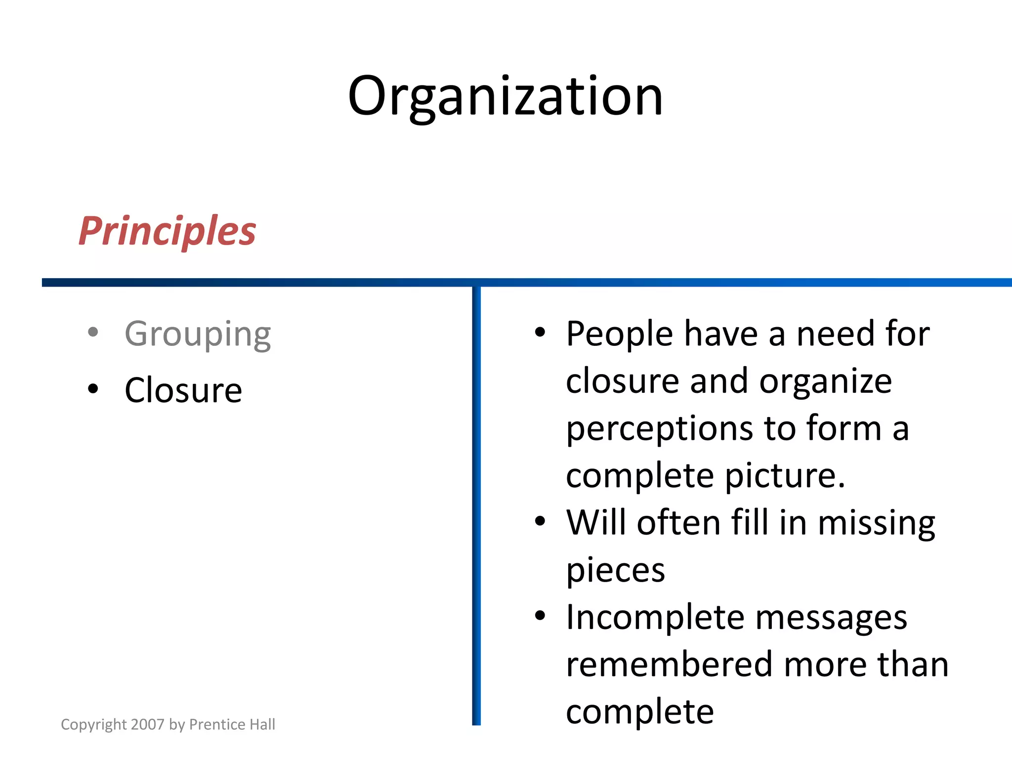 Copyright 2007 by Prentice Hall
Organization
• Grouping
• Closure
• People have a need for
closure and organize
perceptions to form a
complete picture.
• Will often fill in missing
pieces
• Incomplete messages
remembered more than
complete
Principles
 