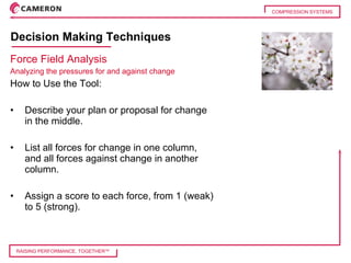 Decision Making Techniques Force Field Analysis  Analyzing the pressures for and against change  How to Use the Tool: • Describe your plan or proposal for change in the middle. • List all forces for change in one column, and all forces against change in another column. • Assign a score to each force, from 1 (weak) to 5 (strong). 