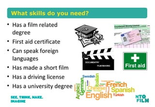 What skills do you need?
• Has a film related
degree
• First aid certificate
• Can speak foreign
languages
• Has made a short film
• Has a driving license
• Has a university degree
 