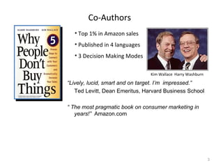 Co-Authors
• Top 1% in Amazon sales
• Published in 4 languages
• 3 Decision Making Modes
Kim Wallace Harry Washburn

“Lively, lucid, smart and on target. I’m impressed.”
Ted Levitt, Dean Emeritus, Harvard Business School
“ The most pragmatic book on consumer marketing in
years!” Amazon.com

3

 