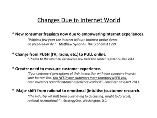 Changes Due to Internet World
* New consumer freedom now due to empowering Internet experiences.
“Within a few years the Internet will turn business upside down.
Be prepared-or die.” Matthew Symonds, The Economist 1999

* Change from PUSH (TV, radio, etc.) to PULL online.

“Thanks to the Internet, car buyers now hold the cards.”-Boston Globe 2013

* Greater need to measure customer experience.

“Your customers’ perceptions of their interaction with your company impacts
your bottom line. You NEED your customers more than they NEED you.
Even investors reward customer experience leaders!” –Forrester Research 2013

* Major shift from rational to emotional (intuitive) customer research.
“The industry will shift from questioning to discussing, insight to forecast,
rational to emotional.” - StrategyOne, Washington, D.C.

 