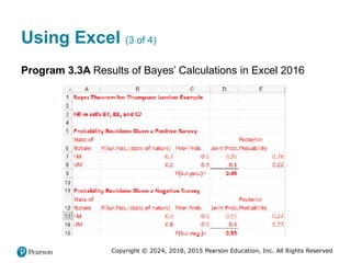 Copyright © 2024, 2018, 2015 Pearson Education, Inc. All Rights Reserved
Using Excel (3 of 4)
Program 3.3A Results of Bayes’ Calculations in Excel 2016
 