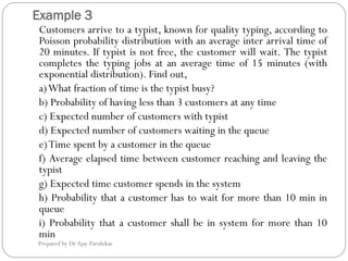 Example 3
Prepared by Dr Ajay Parulekar
Customers arrive to a typist, known for quality typing, according to
Poisson probability distribution with an average inter arrival time of
20 minutes. If typist is not free, the customer will wait. The typist
completes the typing jobs at an average time of 15 minutes (with
exponential distribution). Find out,
a)What fraction of time is the typist busy?
b) Probability of having less than 3 customers at any time
c) Expected number of customers with typist
d) Expected number of customers waiting in the queue
e)Time spent by a customer in the queue
f) Average elapsed time between customer reaching and leaving the
typist
g) Expected time customer spends in the system
h) Probability that a customer has to wait for more than 10 min in
queue
i) Probability that a customer shall be in system for more than 10
min
 