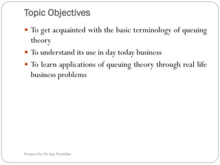 Topic Objectives
Prepared by Dr Ajay Parulekar
 To get acquainted with the basic terminology of queuing
theory
 To understand its use in day today business
 To learn applications of queuing theory through real life
business problems
 