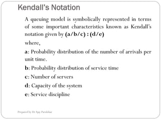 Kendall’s Notation
Prepared by Dr Ajay Parulekar
A queuing model is symbolically represented in terms
of some important characteristics known as Kendall’s
notation given by (a/b/c) : (d/e)
where,
a: Probability distribution of the number of arrivals per
unit time.
b: Probability distribution of service time
c: Number of servers
d: Capacity of the system
e: Service discipline
 