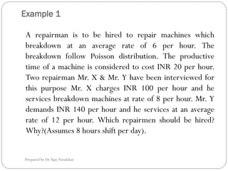 Example 1
Prepared by Dr Ajay Parulekar
A repairman is to be hired to repair machines which
breakdown at an average rate o...