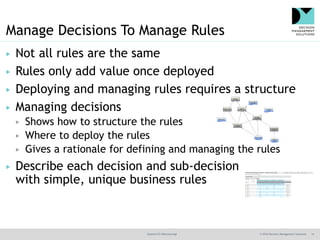 @jamet123 #decisionmgt © 2016 Decision Management Solutions 14
Manage Decisions To Manage Rules
▶ Not all rules are the same
▶ Rules only add value once deployed
▶ Deploying and managing rules requires a structure
▶ Managing decisions
▶ Shows how to structure the rules
▶ Where to deploy the rules
▶ Gives a rationale for defining and managing the rules
▶ Describe each decision and sub-decision
with simple, unique business rules
 