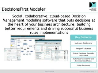 @jamet123 #decisionmgt © 2016 Decision Management Solutions 17
DecisionsFirst Modeler
Social, collaborative, cloud-based Decision
Management modeling software that puts decisions at
the heart of your business architecture, building
better requirements and driving successful business
rules implementations
Key Features
Multi-user, Collaborative
Integrated Database
Shared Database, Reusable
components
Automated Consistency and
Completeness Checks
Living Repository
 