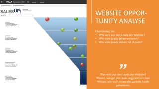 WEBSITE OPPOR-
TUNITY ANALYSE
Was wird aus den Leads der Website?
Wissen, wie gut die Leads angereichert sind.
Wissen, wie viel Umsatz die Website Leads
generieren.
Überblicken Sie:
• Was wird aus den Leads der Website?
• Wie viele Leads gehen verloren?
• Wie viele Leads stehen für Umsatz?
 