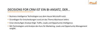  Business Intelligence Technologien aus dem Hause Microsoft nutzt.
 Grundlagen für Entscheidungen rund um das Thema Wachstum liefert.
 Einer dreistufigen Analyse folgt: Traffic, Leads und Opportunity Intelligence.
 Mit Technologien und Analyse den Kurs für Marketing, Leads und Opportunity Management
vorgibt.
DECISIONS FOR CRM IST EIN BI-ANSATZ, DER…
 